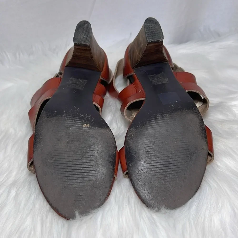 Farylrobin Cognac Leather Strappy Stacked Heel Shoes Sz‎ 7